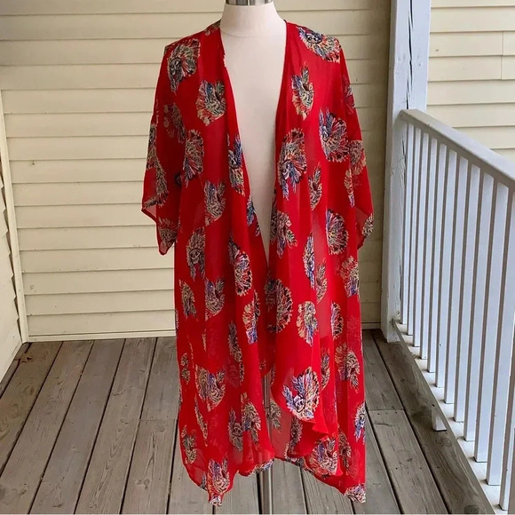 Giddy Up Glamour Kimono Cardigan Chiffon Red Cowboy Skull Print S/M *read - Picture 1 of 8